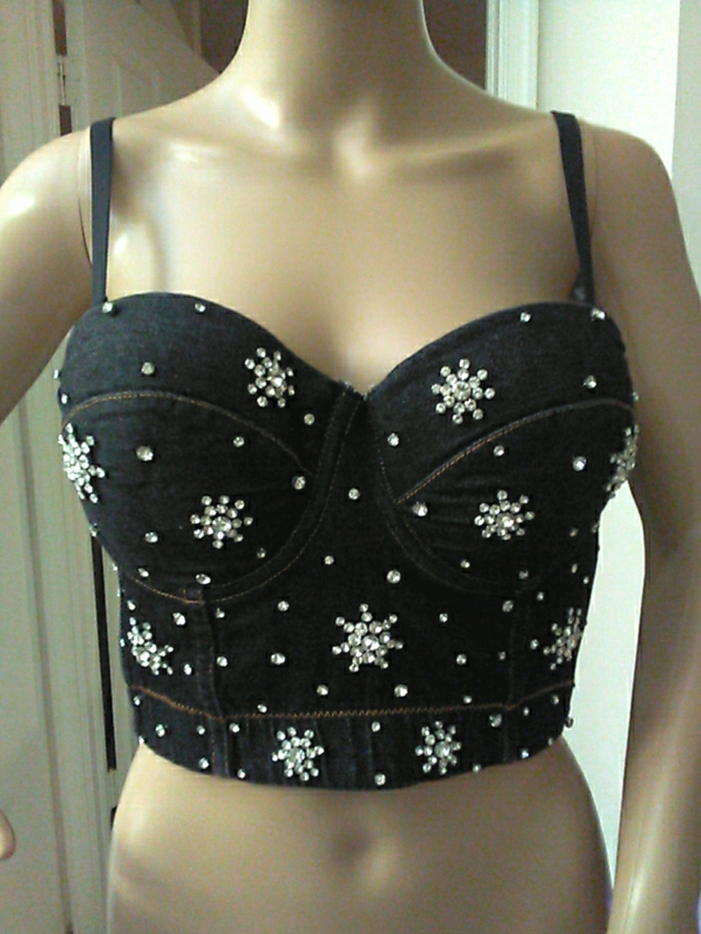 NWT J. NNA Denim-LIKE Bustier Top W/ RHINESTONES HOOK/EYE BUILT IN BRA 🔥🔥 LG